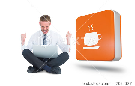 Composite image of businessman using laptop and cheering 17031327