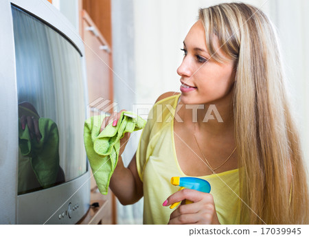 Smiling woman wiping the dust on TV 17039945