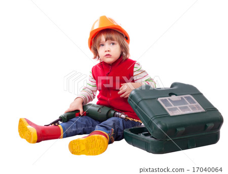 Child in builder hard hat with tools Child in builder hard hat with tools 17040064