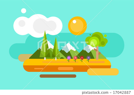 Abstract outdoor summer landscape. Trees and nature signs, mountains, river or lake, sun, clouds 17042887
