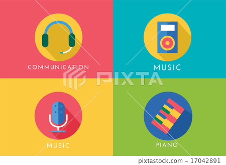 Music vector logo icons set. Player, piano, sound, microphone and headphone, radio. Keys or buttons 17042891