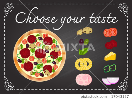 pizza with ingredients on chalkboard 17043157