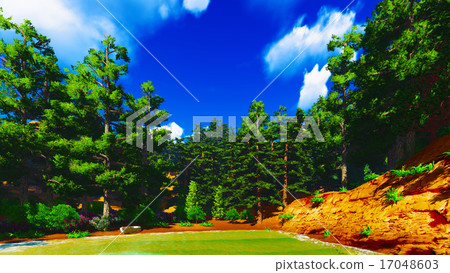 Forested shore over ocean 17048603