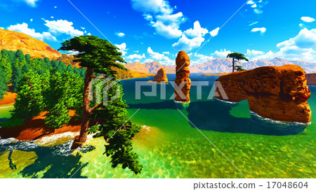 Forested shore over ocean Forested shore over ocean 17048604