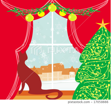 Christmas tree and cat at window Christmas tree and cat at window 17058666