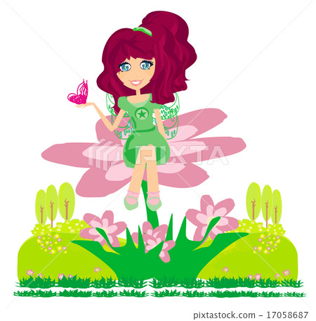 fairy with wings on her back sitting on a flower. - Stock Illustration ...
