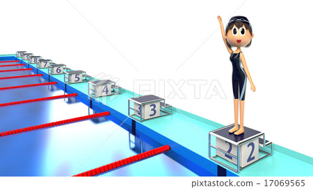 A woman in a swimsuit swimsuit standing on the start table of the pool 17069565