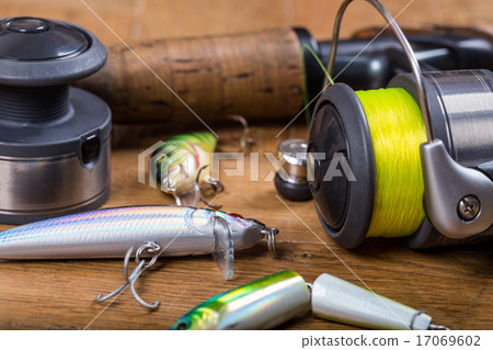 closeup fishing baits wobblers with reel 17069602