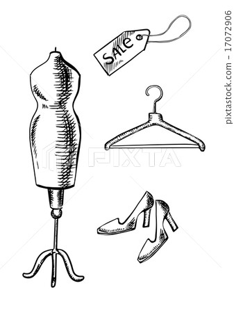 Shoes, label, hanger and mannequin sketch Shoes, label, hanger and mannequin sketch 17072906