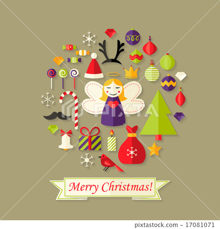 Merry Christmas Card with Flat Icons Set and Angel Merry Christmas Card with Flat Icons Set and Angel 17081071