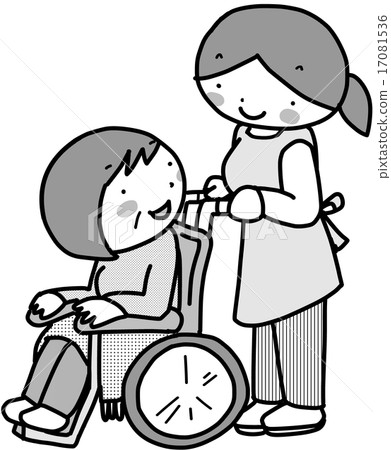Walking with a wheelchair / Grandma and a sister of a care giver / Black and white 17081536