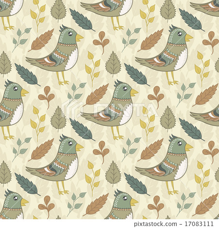 Vector seamless pattern with birds and leaves - Stock Illustration ...