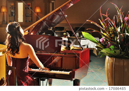 The back of a woman playing a grand piano 17086485