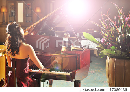 The back of a woman playing a grand piano 17086486