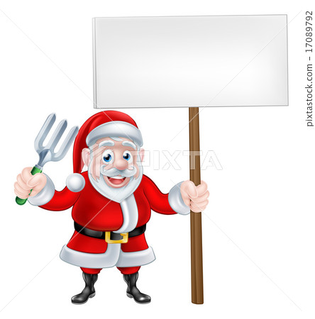 Cartoon Santa Holding Fork and Sign Cartoon Santa Holding Fork and Sign 17089792