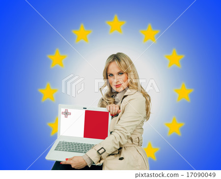 woman holding laptop with malta flag woman holding laptop with malta flag 17090049