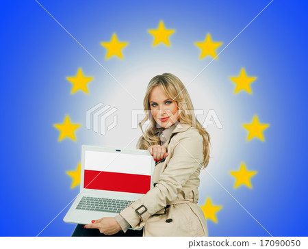 woman holding laptop with poland flag woman holding laptop with poland flag 17090050