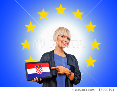 woman holding tablet with croatian flag on european union backg woman holding tablet with croatian flag on european union backg 17090193