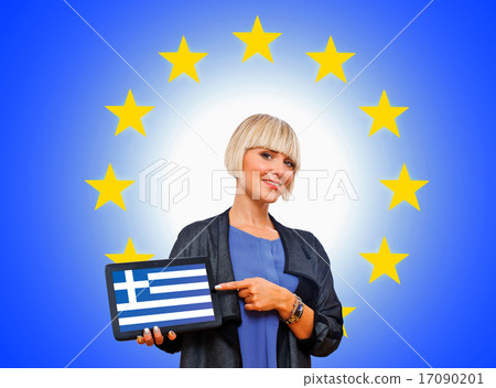 woman holding tablet with greece flag on european union backgro 17090201