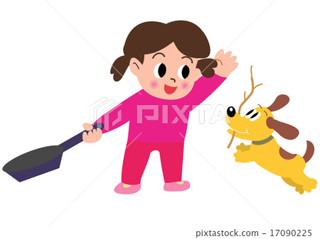 Girls and dogs with frying pan at camp 17090225