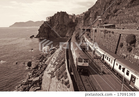 Italy. Cinque Terre. Train at station. Sepia 17091365