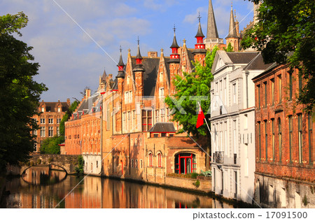 Medieval buildings along a canal, Bruges, Belgium 17091500
