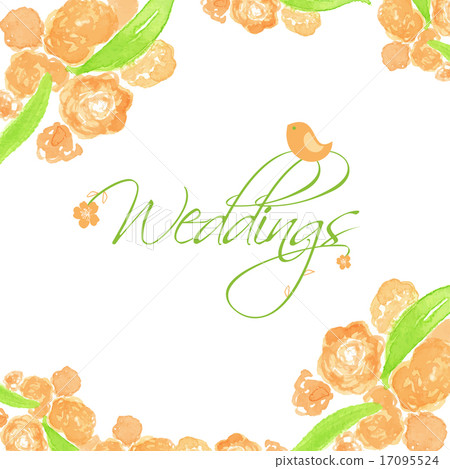 Wedding card with peach peonies and cute bird. Wedding card with peach peonies and cute bird. 17095524