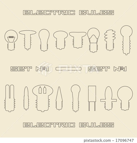 Different electric bulb types linear icon set. Different electric bulb types linear icon set. 17096747