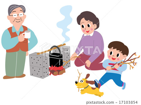 Mothers, dads, boys and dogs cooking rice with camp 17103854