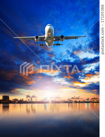 Stock Photo: plane flying over ship in harbor port