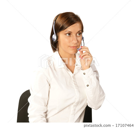 young womanl in headphones with microphone isolated on white bac 17107464