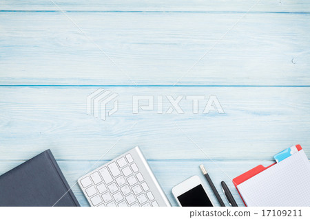 Office desk with supplies, smartphone and computer Office desk with supplies, smartphone and computer 17109211