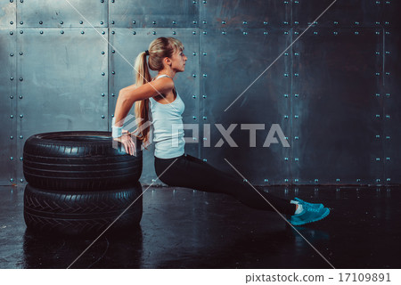 athlete woman doing push-ups on bench training triceps workout concept fitness, sport. 17109891