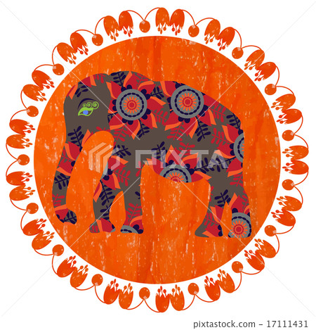 Elephant silhouette on bright orange background with pastels Elephant silhouette on bright orange background with pastels 17111431
