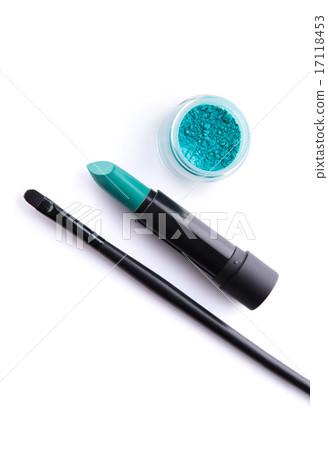 Top view of makeup brush, lipstick and eye shadow 17118453