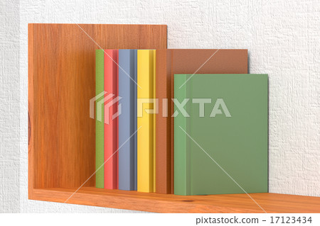 Colored books on wooden bookshelf Colored books on wooden bookshelf 17123434