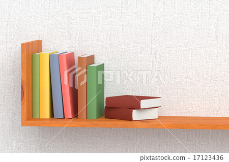 Colored books on wooden bookshelf Colored books on wooden bookshelf 17123436