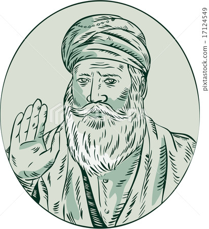 Sikh Guru Priest Waving Etching Sikh Guru Priest Waving Etching 17124549