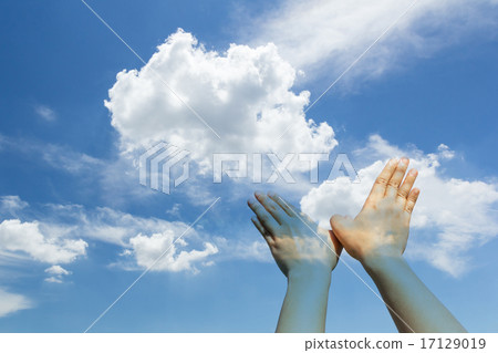 Bird shaped hands on cloud and sky Bird shaped hands on cloud and sky 17129019
