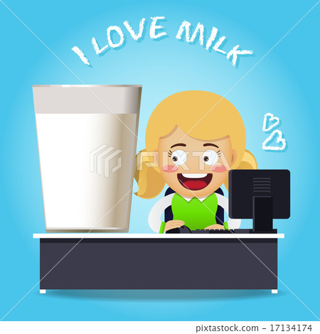 Woman working on computer and big glass of milk Woman working on computer and big glass of milk 17134174