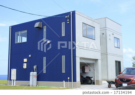 Seaside house and sky _ red car and navy and white house 17134194