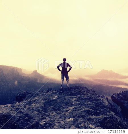 Man in shirt and jeans is standing on the peak  17134239