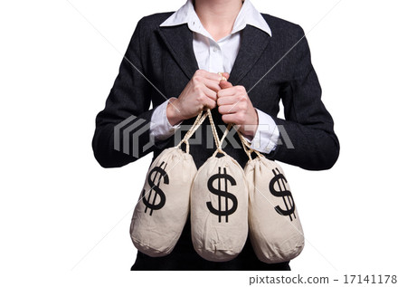 Woman with sacks of money on white Woman with sacks of money on white 17141178
