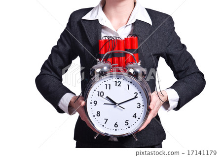 Woman with dynamite and clock on white 17141179