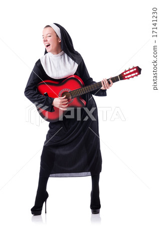 Nun playing guitar isolated on white 17141230