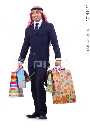 Arab man with shopping gifts on white Arab man with shopping gifts on white 17141483