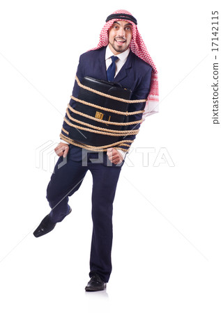 Arab man tied up with rope on white 17142115