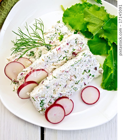 Terrine of curd and radishes in dish on board top Terrine of curd and radishes in dish on board top 17145091