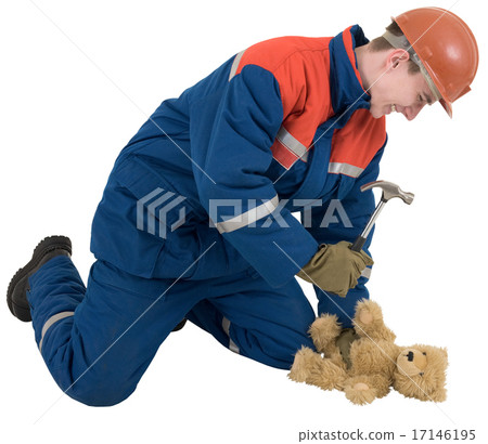 Man with hammer and toy bear 17146195