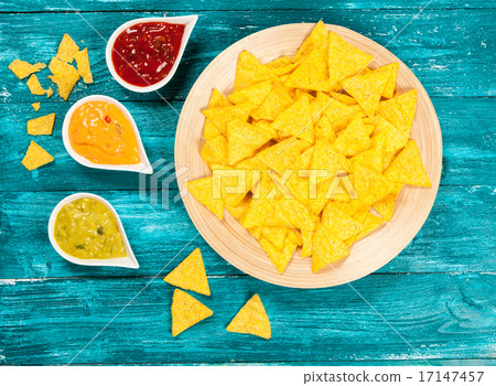 Plate of nachos with different dips Plate of nachos with different dips 17147457